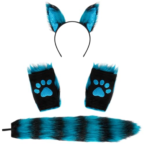 Huraoerrrr Fuchsohren und Schwanz -Set Elastic Pelry Stirnband Pailla Paws Handschuh Flauschblau Kostüm für Halloween -Party -Cosplay von Huraoerrrr