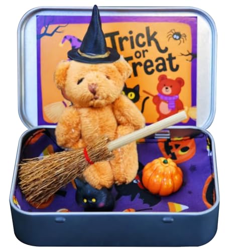Huraoerrrr Kleiner Bär in Einer Schachtel Hexenplüsch, Halloween Mini -Figur mit Eisenbox -Besen Cape Pumpkin & Katze von Huraoerrrr