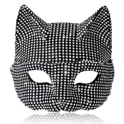 Huraoerrrr Maskerade -Katzenmaske für Frauen, glänzende schwarze Halbgesichtsmaske 7, 5x6.3in mit Strass und weicher Futter für Halloween -Party Huraoerrrr Maskerade -Katzenmaske für Frauen, glänzende schwarze Halbgesichtsmaske 7, 5x6.3in mit Strass und weicher Futter für Halloween -Party von Huraoerrrr