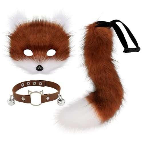 Huraoerrrr Pelziger Anzug Faux Fox Maske mit Lederglockenkragen & flauschiger Schwanz, realistisches Halloween -Kostüm für Themenparty Cosplay, Brown Huraoerrrr Pelziger Anzug Faux Fox Maske mit Lederglockenkragen & flauschiger Schwanz, realistisches Halloween -Kostüm für Themenparty Cosplay, Brown von Huraoerrrr