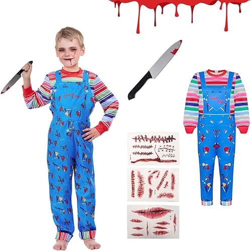 Chucky Kostüm Kinder Chucky Maske Gefälschte Messer Halloween Overalls Kostüm für Jungen Mädchen (Halloween tattoo gesicht, XL-150cm) von Huraogcos