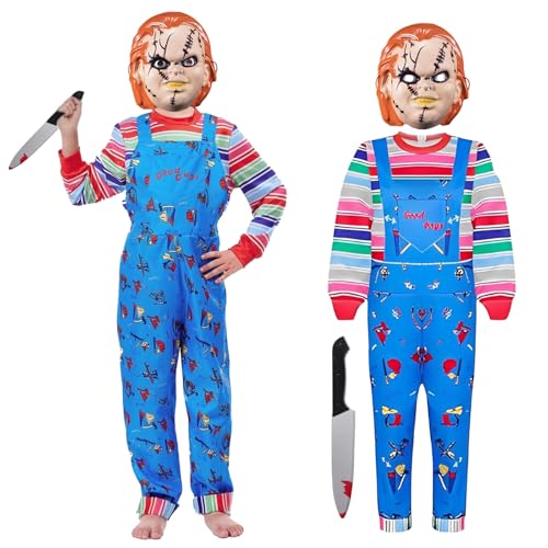 Chucky Kostüm Kinder Chucky Maske Gefälschte Messer Halloween Overalls Kostüm für Jungen Mädchen (Mask, XL-150cm) von Huraogcos