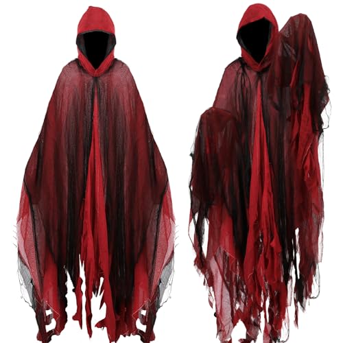 Halloween Zombie Kostüm Männer Frauen Gruselig Halloween Umhang mit Kapuze Cape Outfit Geister Kostüme Party (Rot) von Huraogcos