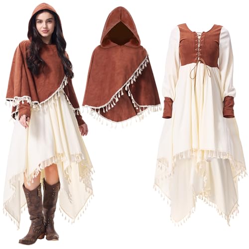 Huraogcos Mittelalter Kostüm Damen Viktorianisches Kleid with Brauner Umhang Mittelalter Kleid (M) von Huraogcos