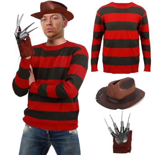 Krüger Pullover Kostüm Maske Handschuh Gestreift Strickpullover Halloween Cosplay Horror Kostüm Erwachsene (M) von Huraogcos