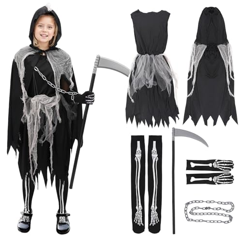 Mädchen Sensenmann Kostüm Gruselige Halloween Kostüme für Kinder 6PCS Zombie Kostüm Party Cosplay Prop Zubehör (M) von Huraogcos