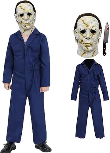 Michael Myers Kostüm Kinder Horror Michael Myers Maske und Messer Halloween Cosplay Overall Overalls Requisiten Cosplay Outfits Set (Gelbe Maske + Outfit, L) von Huraogcos