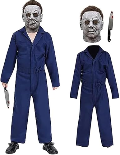 Michael Myers Kostüm Kinder Horror Michael Myers Maske und Messer Halloween Cosplay Overall Overalls Requisiten Cosplay Outfits Set (Graue Maske + Outfit, S) von Huraogcos