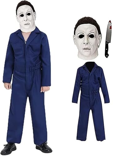 Michael Myers Kostüm Kinder Horror Michael Myers Maske und Messer Halloween Cosplay Overall Overalls Requisiten Cosplay Outfits Set (Weiße Maske + Outfit, L) von Huraogcos