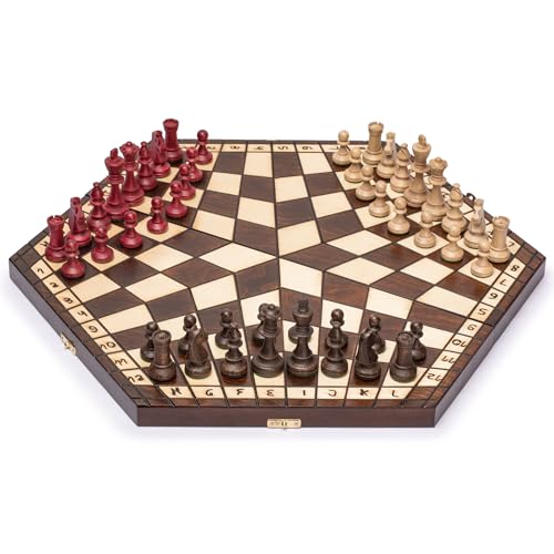Husaria Holz-Schachspiel-Set für DREI Spieler – 54 Zentimeter - mit faltbarem Brett, handgefertigten Spielfiguren und filzgefütterter Aufbewahrung von Husaria