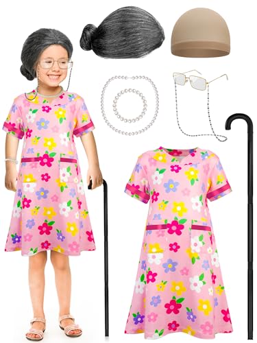 Huskein Alte Frau Kostüm für Mädchen mit schwarz-weißer Schleife, Perücke, Brille, Stock, Halskette, Armband für Kinder Huskein Alte Frau Kostüm für Mädchen mit schwarz-weißer Schleife, Perücke, Brille, Stock, Halskette, Armband für Kinder von Huskein