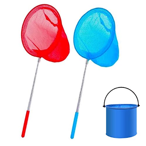2 Stück Teleskop-Schmetterlingsnetz für Kinder, Fischernetz, Teichnetz, ausziehbar+1 Stück Faltbarer Eimer, Fangen von Insekten, kleinen Fischen, Outdoor, Strand,Garten Aktivitäten (Blau+Rot) von Hutato