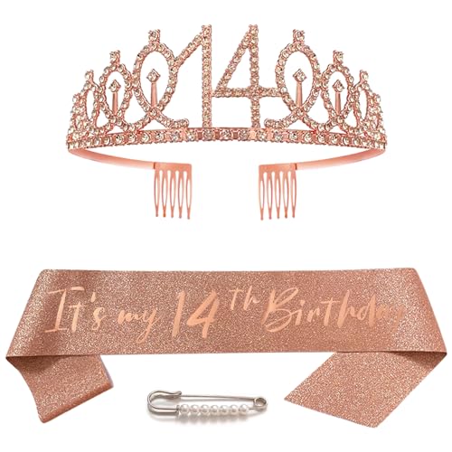 14. Geburtstag Schärpe Krone für Mädchen Roségold Kristall Queen Tiara Princess Crown 14th Birthday Schärpe 14. Geburtstagskrone Birthday Party Accessoires Geburtstagsdeko 14th Geburtstagsgeschenk von Huture