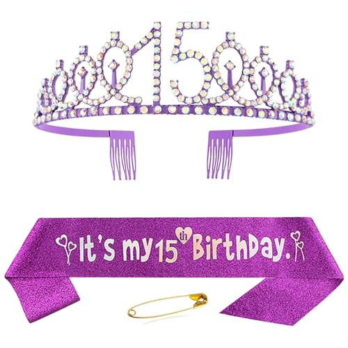 15. Geburtstag Schärpe und Krone für Mädchen Lila Kristall Queen Tiara Princess Crown 15th Birthday Schärpe 15. Geburtstagskrone Birthday Party Accessoires Geburtstagsdeko 15th Geburtstagsgeschenk von Huture