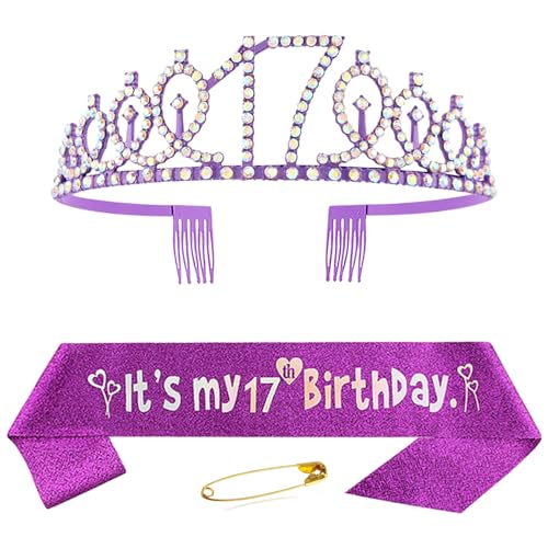 17. Geburtstag Schärpe und Krone für Mädchen Lila Kristall Queen Tiara Princess Crown 17th Birthday Schärpe 17. Geburtstagskrone Birthday Party Accessoires Geburtstagsdeko 17th Geburtstagsgeschenk von Huture