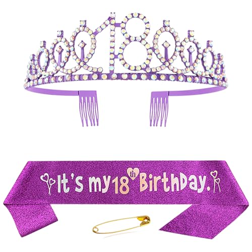 18. Geburtstag Schärpe und Krone für Mädchen Lila Kristall Queen Tiara Princess Crown 18th Birthday Schärpe 18. Geburtstagskrone Birthday Party Accessoires Geburtstagsdeko 18th Geburtstagsgeschenk von Huture