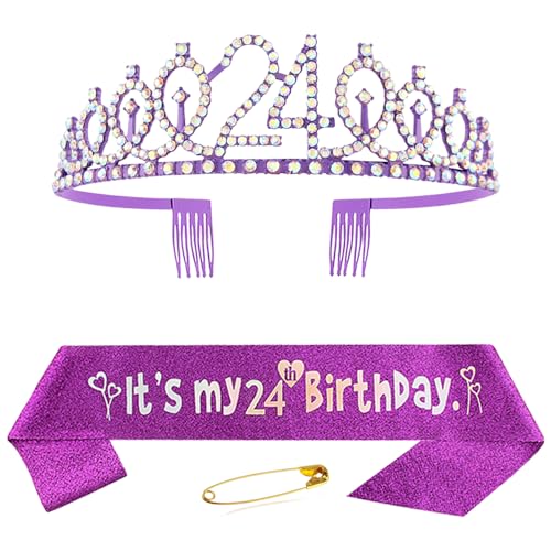 24. Geburtstag Schärpe Krone für Mädchen Damen Lila Kristall Queen Tiara Princess Crown 24th Birthday Schärpe 24. Geburtstagskrone Birthday Party Accessoires Geburtstagsdeko 24th Geburtstagsgeschenk von Huture