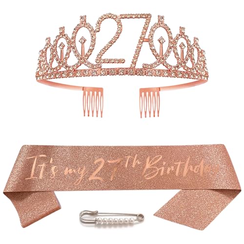 27. Geburtstag Schärpe Krone für Mädchen Roségold Kristall Queen Tiara Princess Crown 27th Birthday Schärpe 27. Geburtstagskrone Birthday Party Accessoires Geburtstagsdeko 27th Geburtstagsgeschenk von Huture