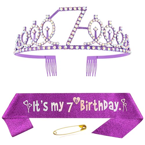 Huture 7. Geburtstag Schärpe und Krone für Mädchen Lila Kristall Queen Tiara Princess Crown 7th Birthday Schärpe 7. Geburtstagskrone Birthday Party Accessoires Geburtstagsdeko 7th Geburtstagsgeschenk von Huture