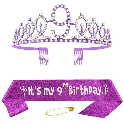 9. Geburtstag Schärpe und Krone für Mädchen Lila Kristall Queen Tiara Princess Crown 9th Birthday Schärpe Geburtstagskrone Birthday Party Accessoires Geburtstagsdeko 9th Geburtstagsgeschenk von Huture