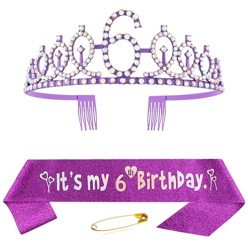 Huture 6. Geburtstag Schärpe und Krone für Mädchen Lila Kristall Queen Tiara Princess Crown 6th Birthday Schärpe 6. Geburtstagskrone Birthday Party Accessoires Geburtstagsdeko 6th Geburtstagsgeschenk von Huture