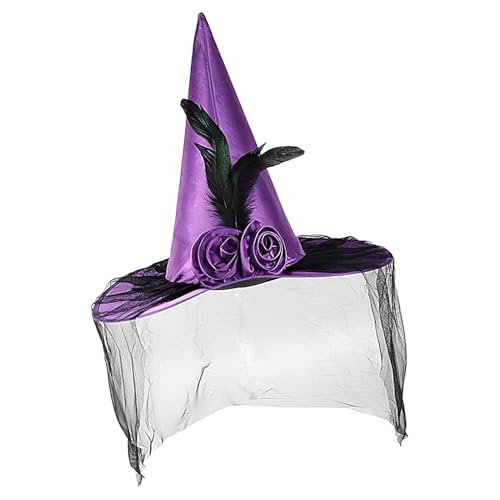 Hexenhüte für Frauen – Hexenhut für Cosplay, Zaubererhut mit Halbschleier, Feder, breiter Krempe, Spitzhut, Halloween-Kostüm-Zubehör von Huvqianu