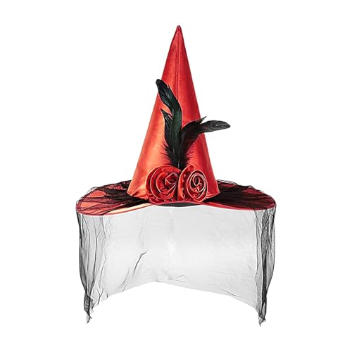 Hexenhut für Erwachsene, Hexenhut für Halloween, Zaubererhut mit Halbschleier, Feder, breiter Krempe, Spitzhut, Halloween-Kostüm-Zubehör von Huvqianu