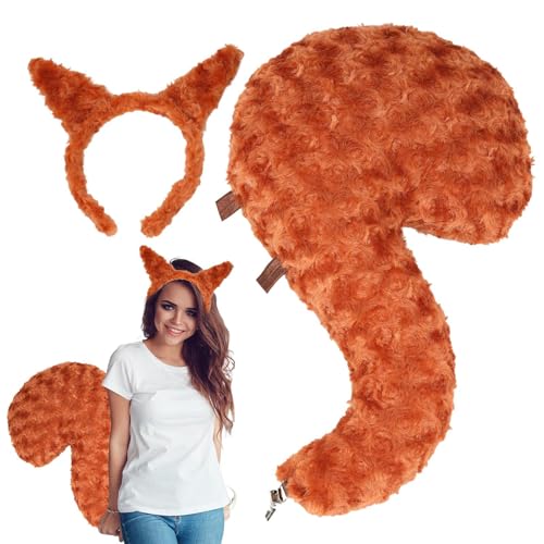 Huvqianu Tierkostüme Für Kinder | Eichhörnchen Ohren Stirnband Und Schwanz,Plüsch Kostümzubehör Fancy Outfit Für Kinder Mädchen Frauen Männer von Huvqianu