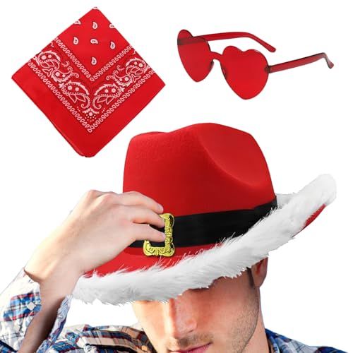 Huvqianu Weihnachtsmann-Cowboyhut, Westernhut, Party-Kopfbedeckung, 3 x Weihnachtsfeier, Cowgirl, breite Krempe, mit Herzbrille und Bandana für Urlaub, Cosplay von Huvqianu