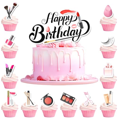 Make-up-Kuchendekorationen, 24 Stück Make-up-Cupcake-Topper + 1 Stück Make-up-Kuchenaufsätze/Make-up-Kuchenaufsatz für Make-up, Geburtstagsparty-Dekorationen und Spa-Party-Dekorationen Make-up-Kuchendekorationen, 24 Stück Make-up-Cupcake-Topper + 1 Stück Make-up-Kuchenaufsätze/Make-up-Kuchenaufsatz für Make-up, Geburtstagsparty-Dekorationen und Spa-Party-Dekorationen von Huxolynifty
