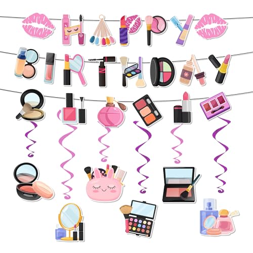 Makeup Geburtstags Party Dekorations, 7pcs Spa Geburtstagsparty Zubehör Set, Makeup Thema Alles Gute zum Geburtstag Banner Spa Party Hängende Strudel für Kostümparty von Huxolynifty