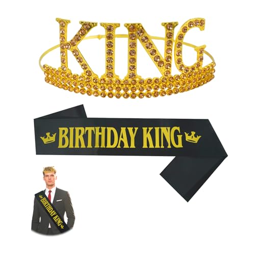 HweeWanX Geburtstagskrone Erwachsene Set, Geburtstagskrone Jungen und Schärpe Geburtstag mit BIRTHDAY KING Druck, 30 Geburtstag Deko für Männer, Party Zubehör, Schärpe Bedrucken von HweeWanX