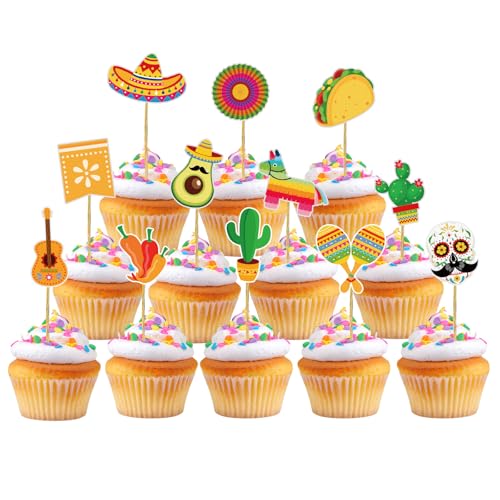 Fiesta-Cupcake-Topper, niedliches mexikanisches Thema, Kuchendekoration für mexikanische Themen, Kaktus, Esel, Taco, Pfeffer, Sombrero, Schnurrbart, Party-Dekorationen, Zubehör, 48 Stück Fiesta-Cupcake-Topper, niedliches mexikanisches Thema, Kuchendekoration für mexikanische Themen, Kaktus, Esel, Taco, Pfeffer, Sombrero, Schnurrbart, Party-Dekorationen, Zubehör, 48 Stück von Hxezoc