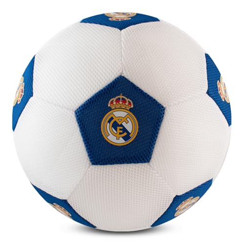 Hy-Pro Offiziell lizenzierter Real Madrid Fußball – Riesen 14 Zoll Mesh-Ball für Fußball & Multisport-Spiele drinnen und draußen – Weicher & Sprungfreudiger Ball mit Logo und Vereinsfarben von Hy-Pro
