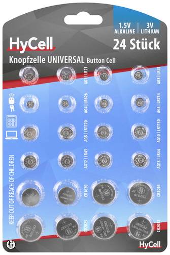 HyCell Knopfzellen-Set je 2x AG 1, AG 3, AG 4, AG 5, AG 8, AG 10, AG 12, AG 13, sowie je 2x CR 1620, von HyCell