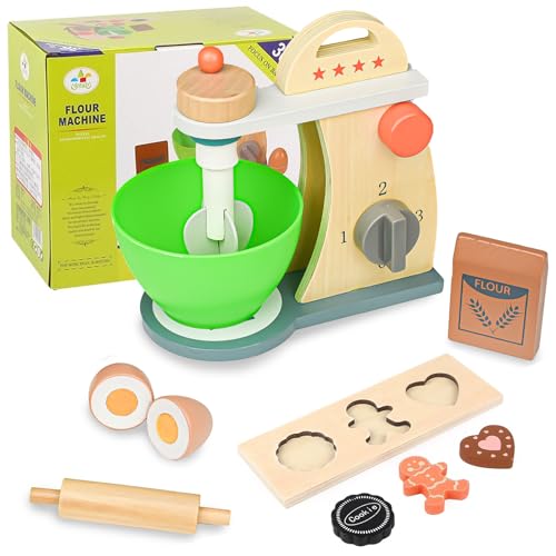 Mixer Kinderküche, Hyacinthy Kinder Mixer Hölzerne Lebensmittel Mixer zum Backen mit Schüssel, Handmixer Kinder Pretend Rolle Spielzeug Backen Set für Alter 3+ Jungen Mädchen von Hyacinthy