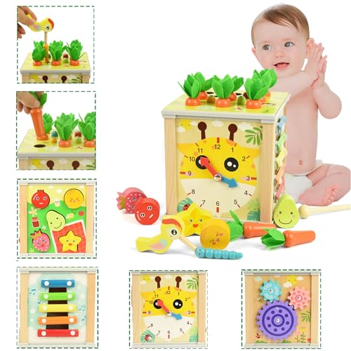 Hölzerne Aktivität Würfel Babyspielzeug, Hyacinthy 6 in 1 Shape Sorter Sensorik Spielzeug Perlen Labyrinth & Uhr Lernen, Montessori pädagogisches Spielzeug für Mädchen und Jungen von Hyacinthy