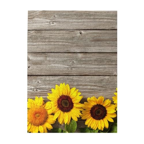 Puzzle 500 Teile für Erwachsene Familien Puzzlespiel für die ganze Familie Anspruchsvolle Puzzles,Sonnenblume auf rustikalem Holz von Hyaszst