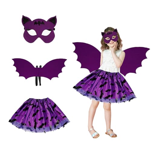 Fledermaus Kostüm Kinder 3 Stück, Fledermauskostüm Mädchen, Fledermaus Flügel Kostüm, Fledermauskostüm mit Fledermausflügel Tutu und Maske für Halloween Cosplay Party Karneval Fasching Maskerade von Hyfkjdm