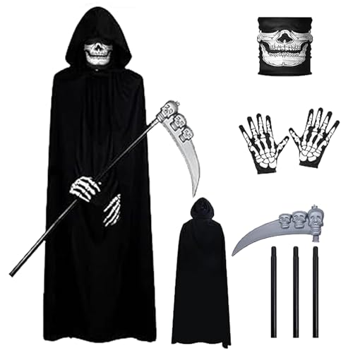 Hyfkjdm 4 Teile Sensenmann Kostüm,Halloween Kostüm Sensenmann,Schwarzer Umhang mit Kapuze, Sense, Skelett Maske & Skelett Handschuhe,Halloween Umhang Set,für Halloween Dekoration Cosplay Hyfkjdm 4 Teile Sensenmann Kostüm,Halloween Kostüm Sensenmann,Schwarzer Umhang mit Kapuze, Sense, Skelett Maske & Skelett Handschuhe,Halloween Umhang Set,für Halloween Dekoration Cosplay von Hyfkjdm