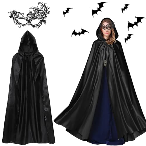 Schwarz Umhang mit Kapuze,Umhang Halloween mit Maske,Mittelalter Vampir Umhang mit Augenmaske,Vampir Umhang Umhang,für Erwachsene Unisex Halloween Karneval Maskerade Fasching Party(170) von Hyfkjdm