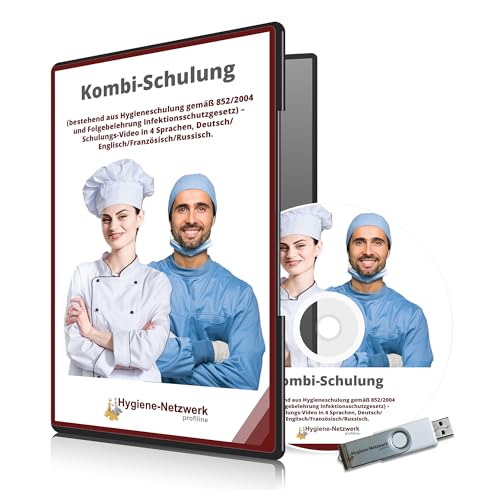 Kombi-Schulungs Video, Hygieneschulung gemäß 852/2004 und Folgebelehrung Infektionsschutzgesetz. Deutsch, Englisch, Französisch, Russisch Kombi-Schulungs Video, Hygieneschulung gemäß 852/2004 und Folgebelehrung Infektionsschutzgesetz. Deutsch, Englisch, Französisch, Russisch von Hygiene-Netzwerk profiline