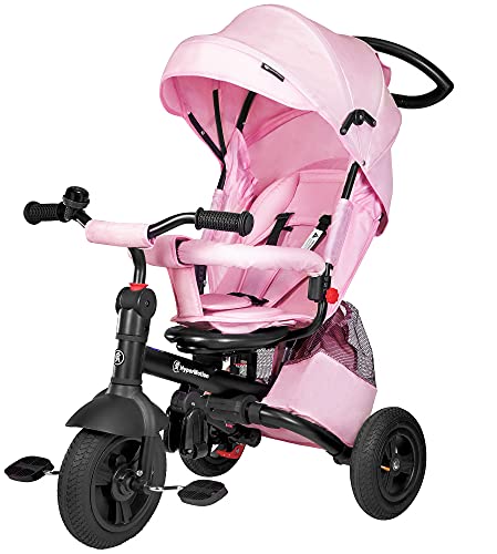 HyperMotion Kinderdreirad Tobi Velar mit Schubstange - Drehbarer Komfort-Sitz, Sicherheitsgurte, Faltbar, Gepumpte Räder, Elterngriff, Regenmantel - 9 Monate bis 5 Jahre, Pink von HyperMotion