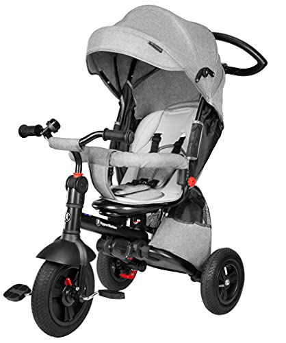 HyperMotion Tobi Velar Dreirad Kinder ab 1 Jahr mit Schubstange - Drehbarer Komfortsitz, Faltbar, Sicherheitsgurte, Gepumpte Räder, Regenmantel & Elterngriff - Grau von HyperMotion