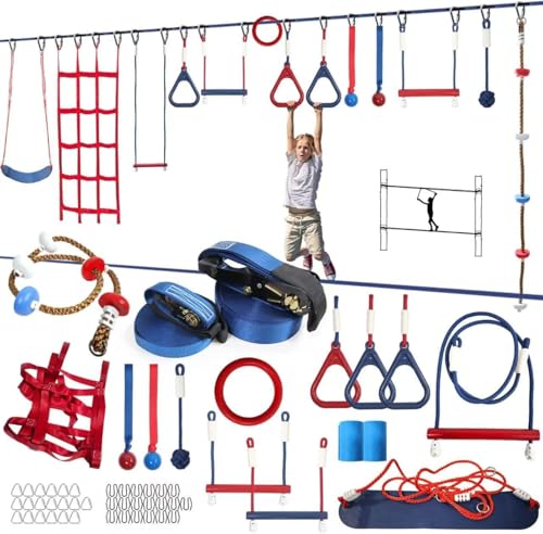 Ninja Warrior Hindernisparcours für Kinder - 2 x 60 Fuß, 399 kg Kapazität, 13 wetterfeste Hindernisse, Bodenlinie, Traversenringe, Affennetz, einfache Einrichtung an Bäumen oder Pfosten für Ninja Warrior Hindernisparcours für Kinder - 2 x 60 Fuß, 399 kg Kapazität, 13 wetterfeste Hindernisse, Bodenlinie, Traversenringe, Affennetz, einfache Einrichtung an Bäumen oder Pfosten für von Hyponix Sporting