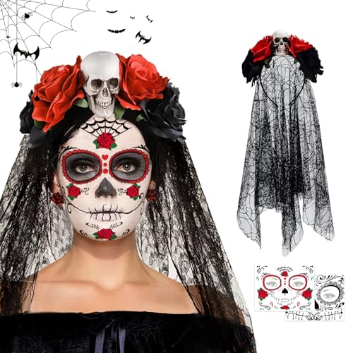 Hyran Halloween Haarreif, Tag der Toten Haarreif, Schleier Schwarz, Halloween Tattoo Gesicht, Gothic Haarschmuck, Halloween Kopfschmuck, Halloween Kostüm Accessoires Damen Hyran Halloween Haarreif, Tag der Toten Haarreif, Schleier Schwarz, Halloween Tattoo Gesicht, Gothic Haarschmuck, Halloween Kopfschmuck, Halloween Kostüm Accessoires Damen von Hyran