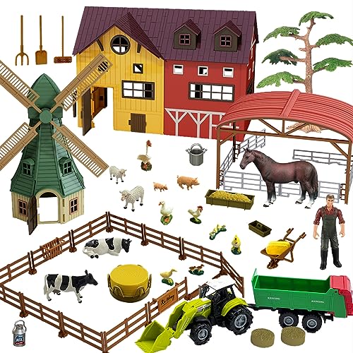 Hyrenee Bauernhof Tiere Spielzeug Set mit Windmühle Haus Pferd Stall Traktor Anhänger Tierfiguren Landwirt Zaun Spielset Kinder Jungen Mädchen für 3-7 Jahre alt von Hyrenee