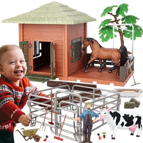 Hyrenee Farm Toys Bauernhof Spielzeug Tierfiguren Set Bauernhof Zaun Pferd Kuh Landwirt Spielsets für Kinder Jungen Alter 3-7 Jahre alt von Hyrenee