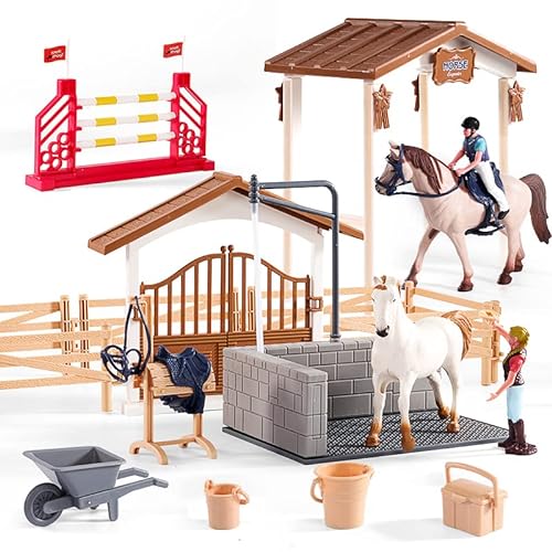 Hyrenee Pferdestall mit Spielzeug Pferde, Set mit Pferdewaschbereich Reiterin Spielfigur und Zubehör - für Kinder im Alter von 3-12 Jahren von Hyrenee