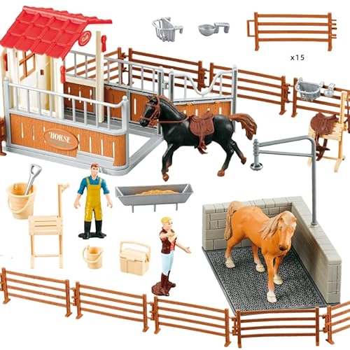 Hyrenee Pferdestall mit Spielzeug Pferde Reiterin Spielfigur Pferde Set mit Pferdewaschbereich und Zubehör - für Kinder im Alter von 3-12 Jahren von Hyrenee